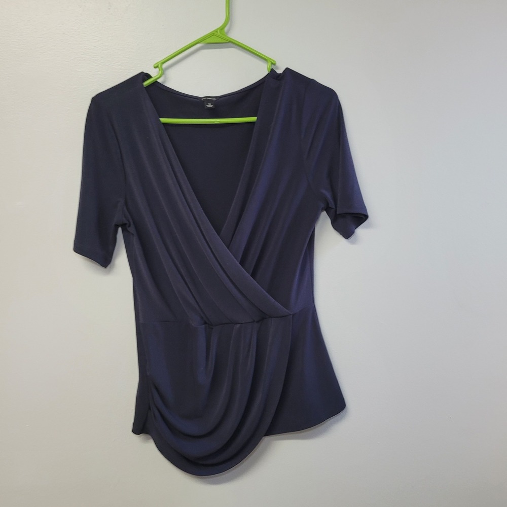 Ann Taylor Womens Navy Blue Faux Wrap Short Sleeve Surplice Draped Knit Top M